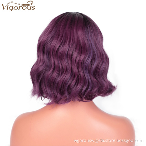 Vigorous Fashion Girl Synthetic Short Wavy Wigs Natural Short Bob Purple Wig With Neat Bangs  Heat Resistant Wholesale Price